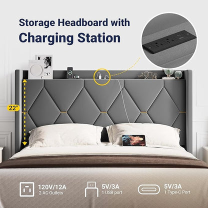 Allewie Velvet Queen Upholstered Bed Frame with Wingback Storage Headboard & Charging Station, Platform Bed with Diamond Tufted Design & Gold Trim, No Box Spring Needed, Easy Assembly, Grey