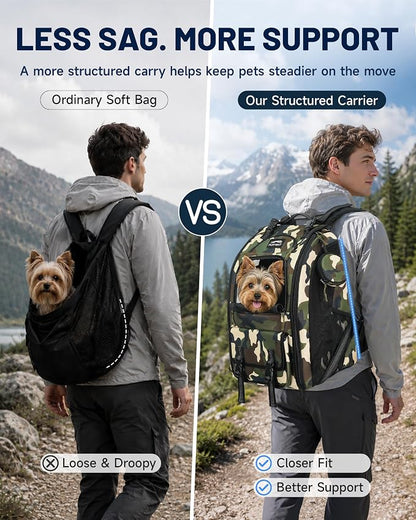 Dog Backpack Carrier with Ergonomic Support, Padded Straps and Ventilation, Hiking Pet Backpack with Safety Tethers, Reflective Trim and Waist Support, Up to 22lbs