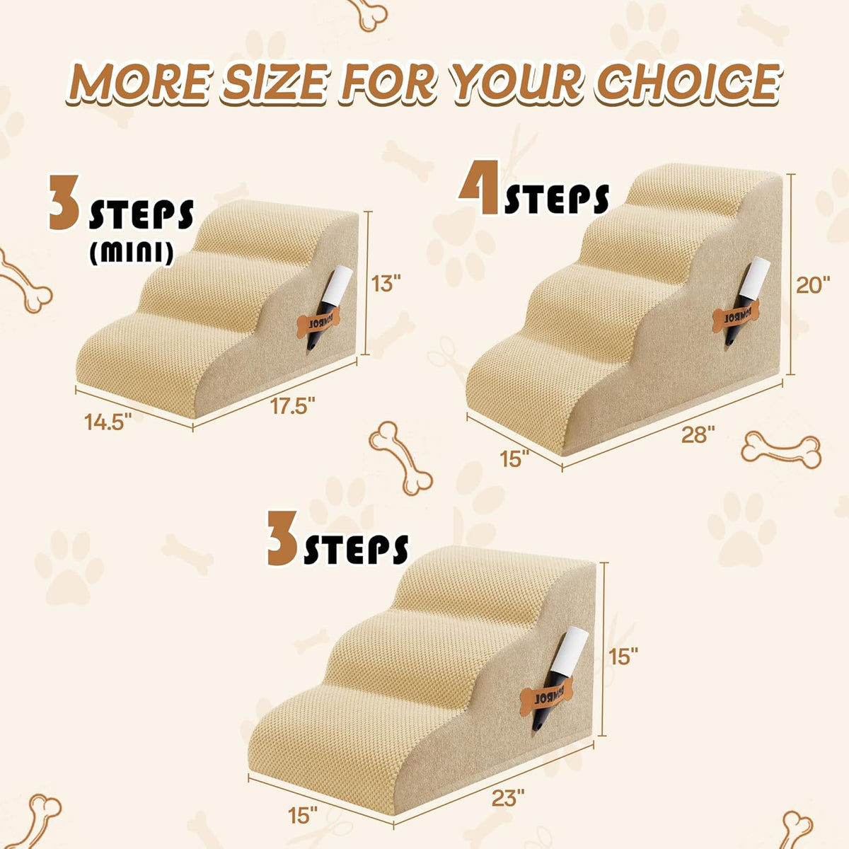 Romrol Dog Stairs Ramp for Beds Couches, Extra Wide Pet Steps with Durable Non-Slip Waterproof Fabric Cover, Dog Slope Stairs for Small Dogs and Cats or Pets Friendly, 3-Tiers, 13 Inch,Beige