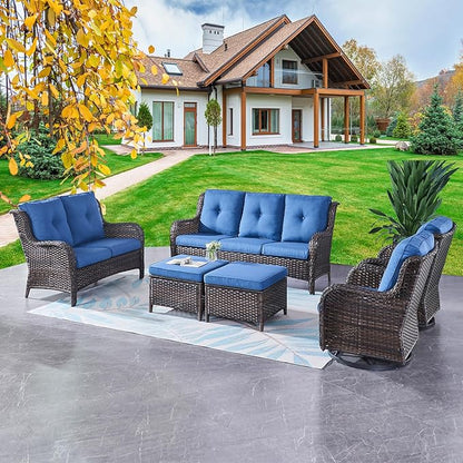 Rilyson Wicker Patio Furniture Set - 6 PC Rattan Outdoor Sectional Conversation Sets with 2 Rocking Swivel Chairs,2 Ottomans,1 Sofa and 1 Loveseat for Porch Deck Garden(Brown/Blue)