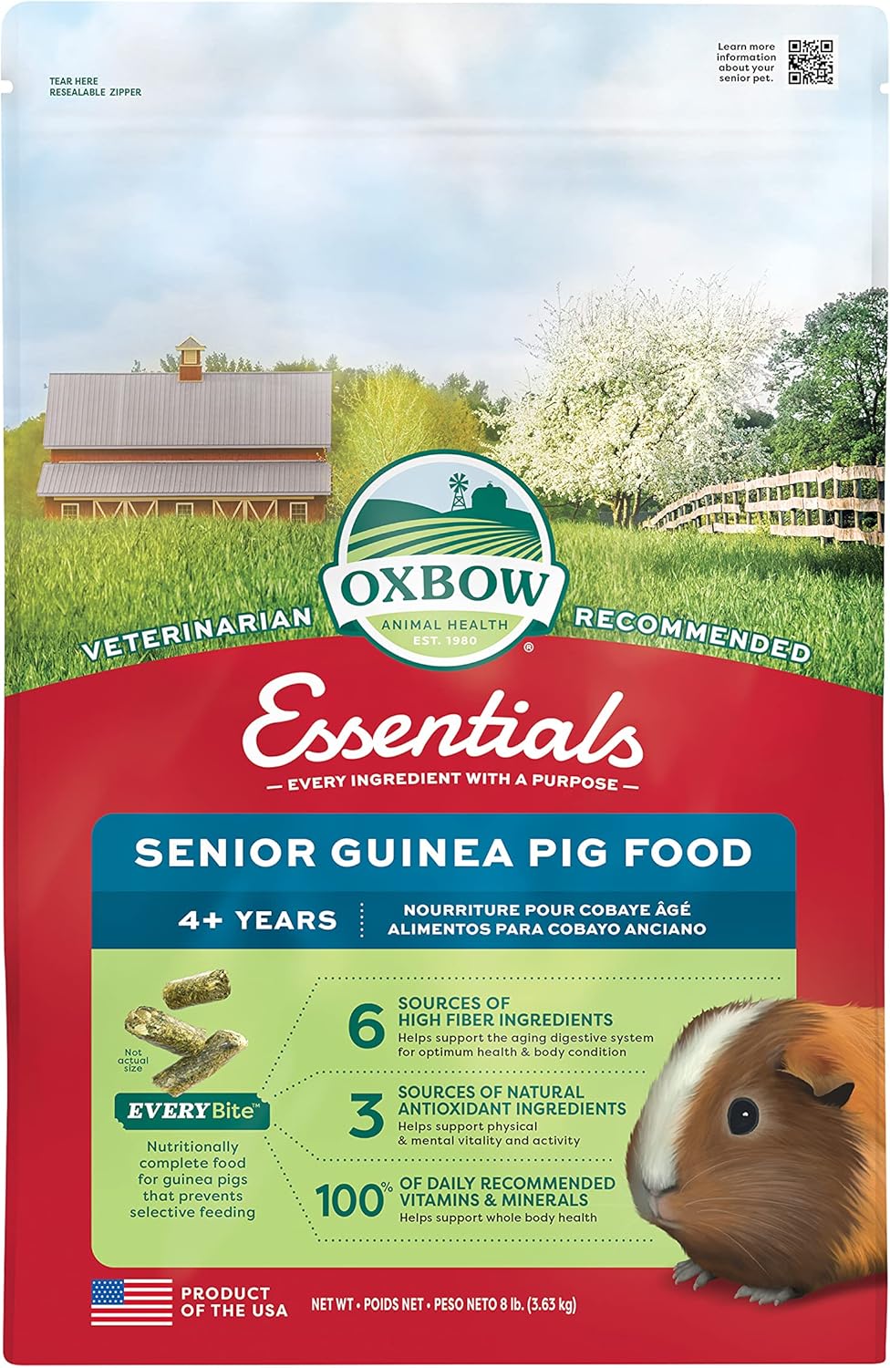 Oxbow Essentials Guinea Pig Food, Senior, Made Alfalfa for Guinea Pig, Pet Food Pellets with Vitamin C, Small Animal Pet Products, Made in USA, High Fiber, 8 lb. Bag