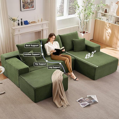 107" U-Shape Cloud Couch, Modern Modular Sectional Comfy L-Shape Sofa with Ottoman, Deep Seat, Upholstered Corduroy Sleeper Chaise Longue for Living Room Bedroom, No Assembly Required, Green