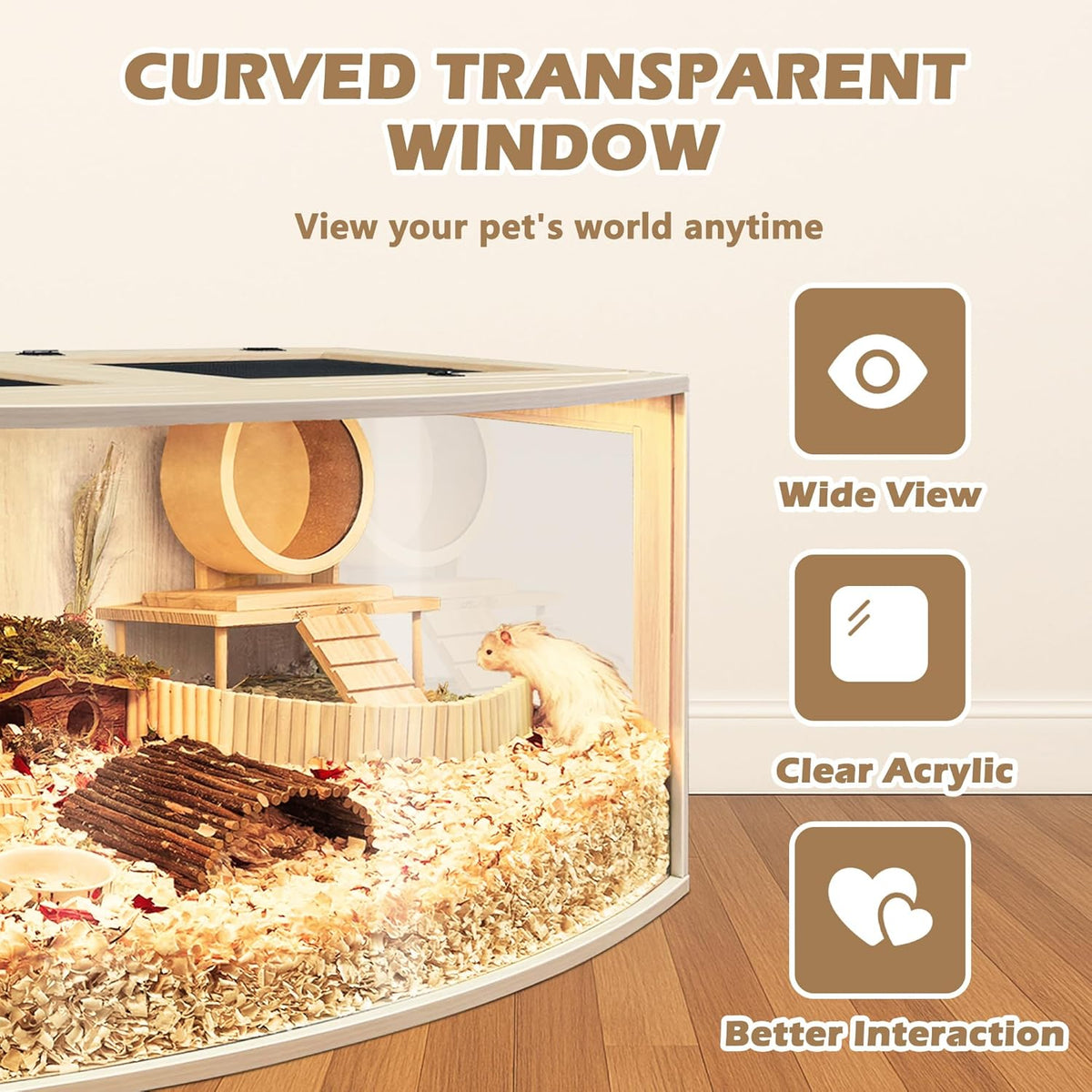 Prolee Hamster Cage Chew Proof Wood, Hamsters Enclosure Openable Top with Curved Design,Waterproof Small Animals Cage with Acrylic Sheets for Gerbils,Hamster Habitat(32 Inches)