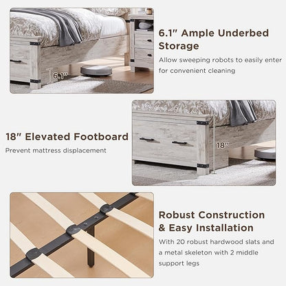 T4TREAM Farmhouse Queen Size Bed Frame with 54" Tall Geometric Headboard & 2 Large Storage Drawers, Rustic Wood Platform Bed with Wood Slats Support, No Box Spring Needed, Antique Brushed White