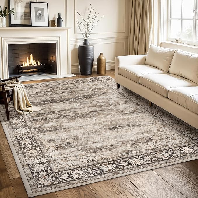 6x9 Living Room Rug Non Slip with Rubber Backing Machine Washable Soft Faux Fur Low Pile Stain Resistant Boho Vintage Euro Floral Carpet Rug for Bedroom Dining Room Kid's Room Home Office,Hazel Brown