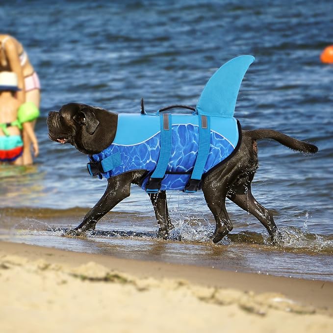Shark Dog Life Jacket, Dog Life Vest for Swimming, High Buoyant Doggie Swimming Vest, Adjustable Easy On Pet Swim Jackets for Small, Medium, Large Breeds (Blue,M)