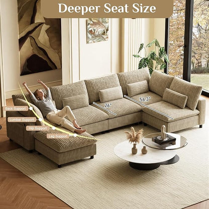 130" W x 67" D U Shape Sectional Sofa with USB Charging & Cup Holder & Storage, 6 Seater Plush Corduroy Couches with Movable Ottoman, Cloud Couch Sofas for Living Room, DIY Combination - Light Camel