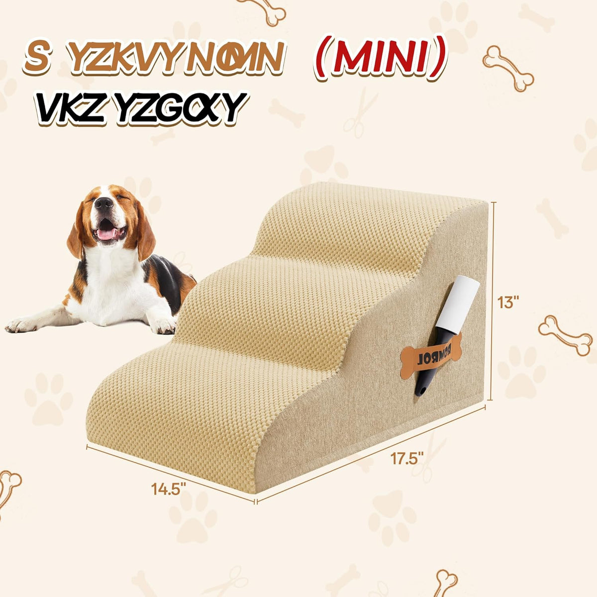 Romrol Dog Stairs Ramp for Beds Couches, Extra Wide Pet Steps with Durable Non-Slip Waterproof Fabric Cover, Dog Slope Stairs for Small Dogs and Cats or Pets Friendly, 3-Tiers, 13 Inch,Beige