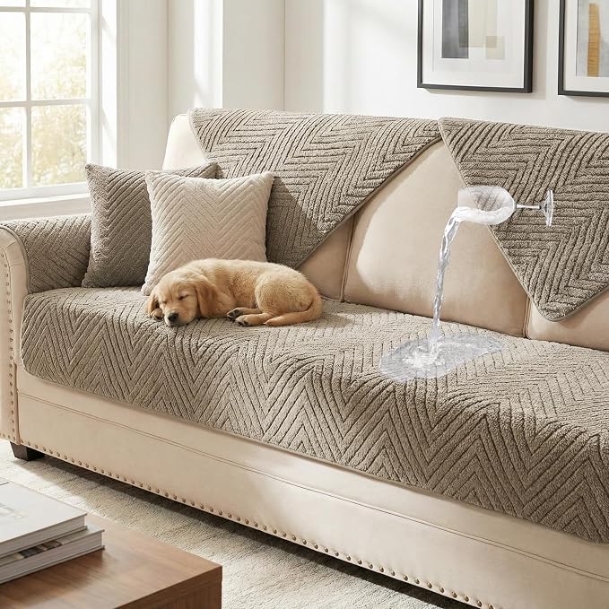 Turquoize Waterproof Couch Cover for Dogs Fuzzy Pet Couch Covers for Sofa Thick Dog Bed Cover Non-Slip Sofa Covers for 2 Cushion Couch Protector Slipcover Pet Friendly (Khaki, 36" x 36")