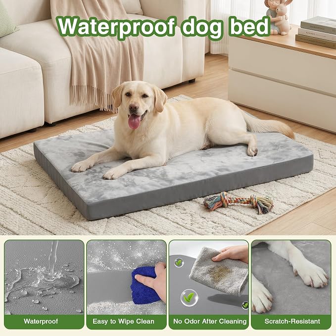 Waterproof Outdoor Dog Bed Large Sized, Washable Crate Pad 35" Orthopedic | Reversible Faux Leather & Flannel, Durable Removable Cover, Pet Bed Foam, Anti-Slip Bottom,Kennel Pad 35"x22" Gray