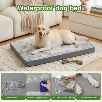 Waterproof Dog Beds Large Sized Dogs, Washable Orthopedic Pet Bed 36"x27" | Reversible Faux Leather & Flannel, Outdoor Dog Bed Foam, Durable Removable Cover, ,Anti-Slip Bottom,Gray