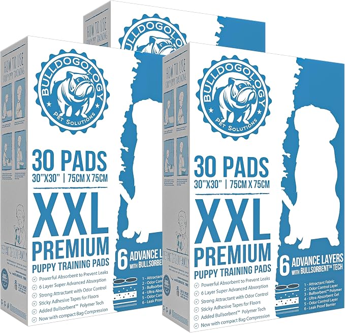 Bulldogology Puppy Pee Pads XXL with Adhesive Sticky Tape - Extra Large Dog Puppy Pads (30x30) Puppy Pads Pet Training Pads with 6 Layers Quick Dry Bullsorbent Polymer Tech (90-Count, White)