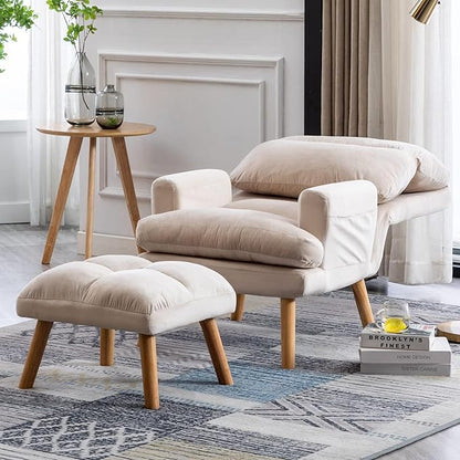CANMOV Modern Accent Chair with Ottoman Set of 2, Soft Fabric Armchair with Adjustable Backrest and Side Pockets, Comfy Lounge Chair for Living Room, Bedroom, Apartment, Office, Beige