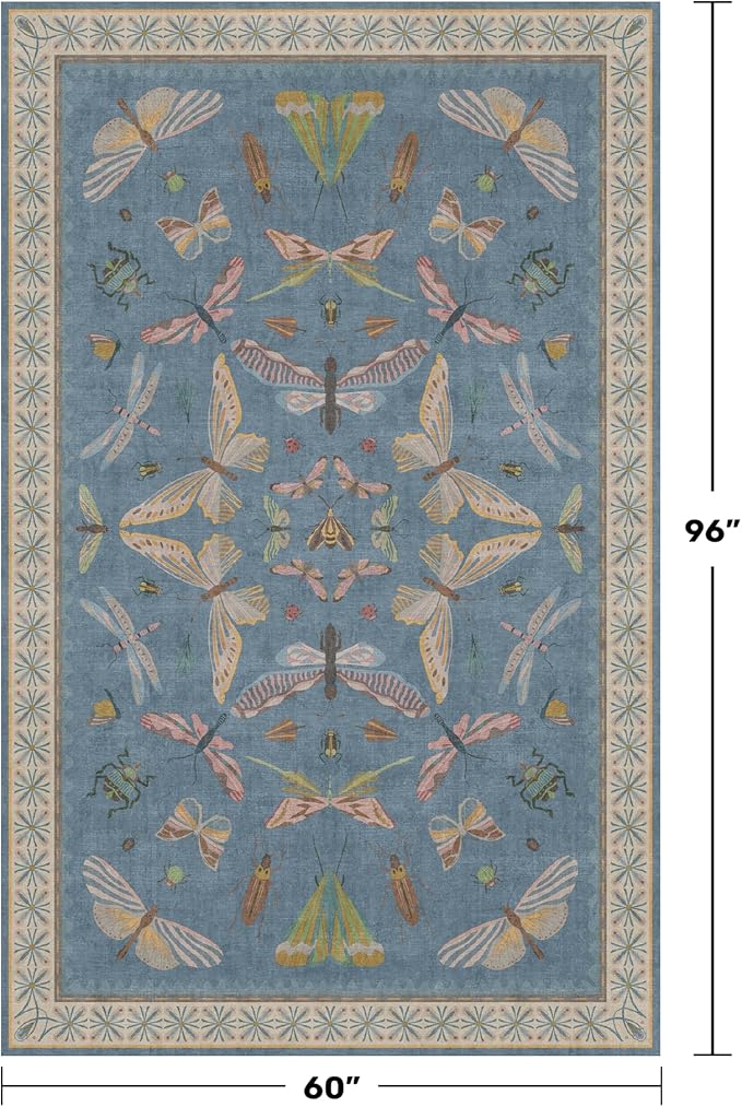 Modern Rugs for Living Room - 5x8 Moth Blue Carpet for Bedroom Under Bed, Girls Room Rug for Kids, Washable Non Slip Soft Floor Décor