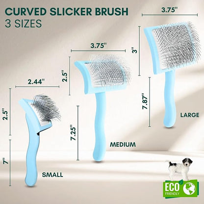 Pet Slicker Brush With Soft Massage Grooming Stainless Steel Pins - For Dematting, Shedding Fur, and Undercoat - Ideal Gift for Professional Pet Groomers - Long Slicker Brush (Blue, Curved Large)