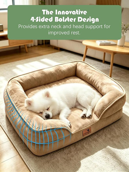 Spotted Play Orthopedic Dog Bed with Sides - Sofa Beds for Small Dogs, Supportive Foam Pet Couch Bed with Washable Removable Cover, Waterproof Lining and Non-Slip Bottom, Brown - S
