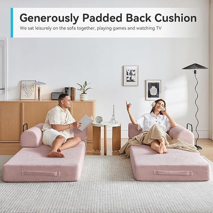 Compression Sofa, Cloud Sectional Sofa,Sofa Bed, Boneless Modular Sectional Sofa with 2 Pillow, Comfy Fluffy Couch with Futon Bed, Perfect for Living Room, Small Space (Pink)