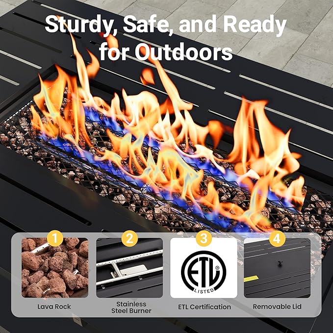 FansaFurn 8-Pieces Outdoor Patio Furniture Set with 43" Fire Pit Table, Metal Outdoor Sectional Furniture with Cushions, Outdoor Conversation Set for Garden, Balcony, Deck, Backyard, Grey