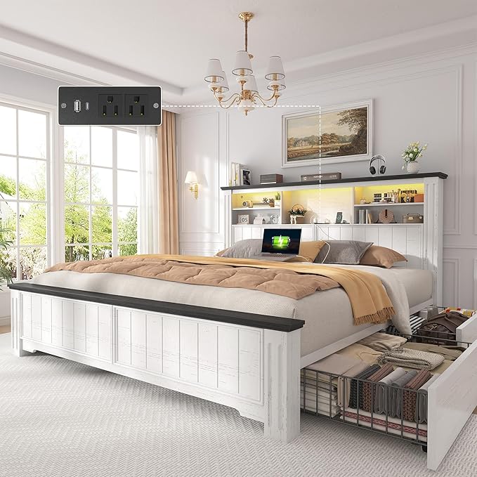 EnHomee Queen Bed Frame with Headboard, Bed Frame Queen Size with 4 Storage Drawers, Queen Bed with LED Lights & Charging Ports,No Box Spring Needed,NO Noise,Wooden, White