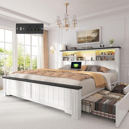 EnHomee Queen Bed Frame with Headboard, Bed Frame Queen Size with 4 Storage Drawers, Queen Bed with LED Lights & Charging Ports,No Box Spring Needed,NO Noise,Wooden, White
