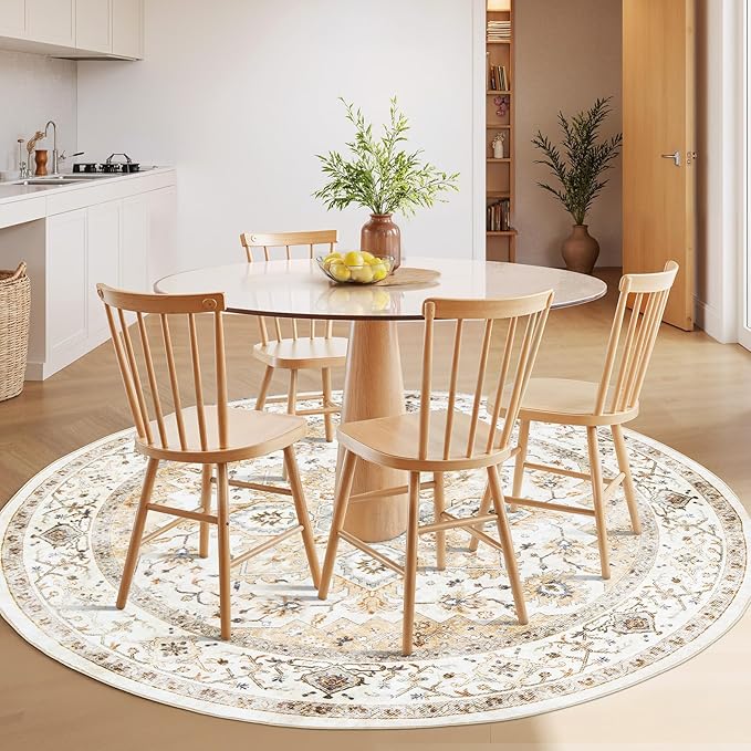 AMADA HOMEFURNISHING 4ft Round Area Rug, Low-Profile Washable 4x4 Rugs with Non-Slip Backing & Durable Edge Binding, Vintage Rug for Kitchen, Bedroom & Hallway, Beige