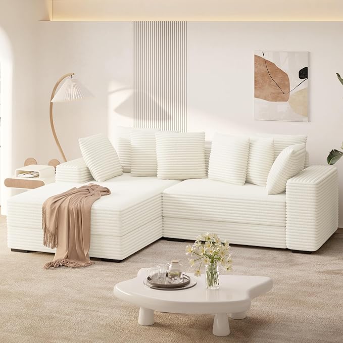 111‘’ Sectional Cloud Couches with L Shaped Chaise, Extra Large Sleeper Couch Reversible Corduroy with 8pcs Pillows for Living Room, Bedroom-Beige