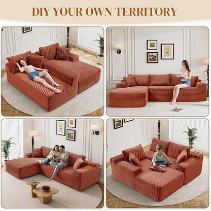 95" Boneless Cloud Sectional Couches for Living Room, Comfy Fluffy L Shaped Memory Foam Deep Seat Boneless Couch, Modular Sectional Sofa with Left Facing Chaise, Orange