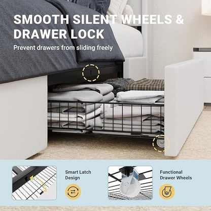 Allewie King Size Velvet Bed Frame with 3 Storage Drawers, Upholstered Platform Bed with Wingback Storage Headboard and USB Ports, No Box Spring Needed, Easy Assembly, White