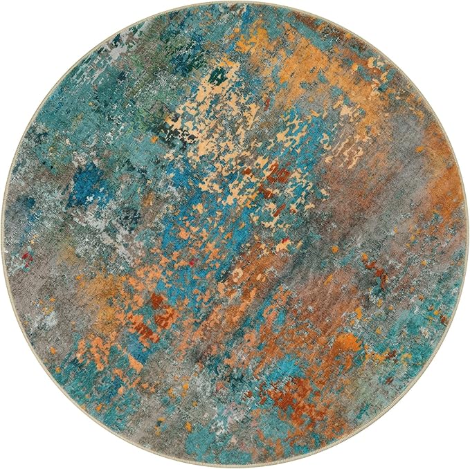 Lahome Modern Abstract Round Rug 5Ft - Colorful Washable 5x5 Circle Rugs for Living Room Bedroom Non Slip, Soft Indoor Floor Carpet for Dining Table Bathroom Nursery Dorm Decor