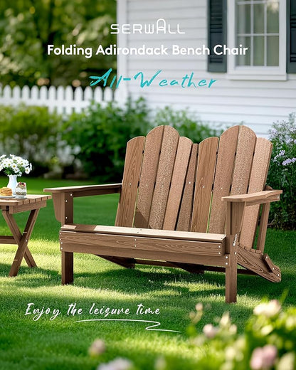 SERWALL Folding Adirondack Bench, HDPE All-Weather Adirondack Loveseat, 660 lbs Capacity, Foldable Outdoor Patio Bench for Deck, Lawn, Garden, Brown