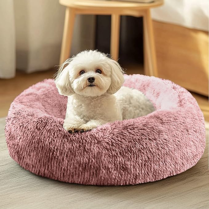 JOLLYVOGUE Dog & Cat Bed, Calming Anti-Anxiety Pet Bed for Small Dogs, Fluffy Donut Cushion for Small and Medium Pets (23")