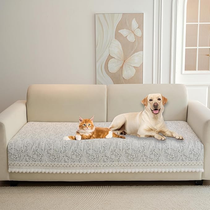 HANDONTIME Floral Chenille Couch Cover for Pets – Plush Fringed Edges, Washable & Non-Slip Sofa Protector, Pet-Friendly Dog Bed Cover for Couches and Sectionals (Light Grey,35.4" x 70.9")