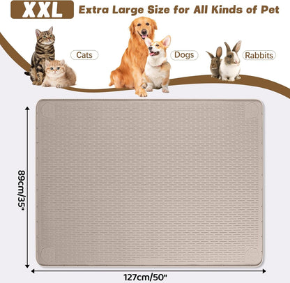 Cat Food Mat, 50" x 35" Extra Large Silicone Pet Feeding Mat with Raised Edge Pet Placemat for Food and Water Bowl Non-Slip, Easy to Clean, Floor Protection (Khaki)