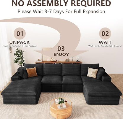 136" Cloud Modular Sectional Sofa with 1 Ottoman, Modern Upholstered Corduroy Couches, Comfort U Shaped Sofa for Living Room, Deep Seat Boneless Couch, No Assembly Required(Black,Left Facing Chaise)
