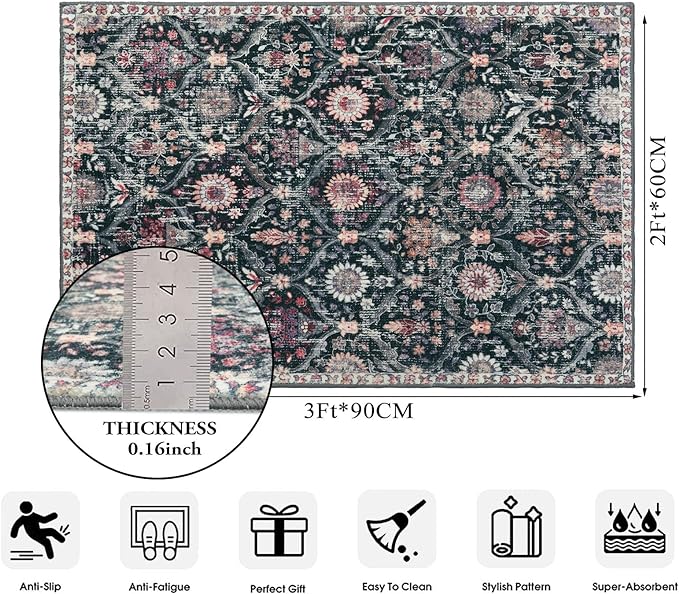 Lahome Moroccan Trellis Washable Rug, 2x3 Entryway Rugs for Kitchen Bathroom, Non-Slip Indoor Door Mat Ultra-Thin, Small Oriental Throw Carpet for Bedroom Entry, Black/Multi