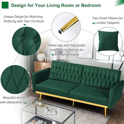70” Velvet Futon Sofa Bed w/Adjustable Backrests and Armrests, Convertible Futon Couch with 2 Pillows, Modern Tufted Sleeper Bed for Living Room, Bedroom,Green