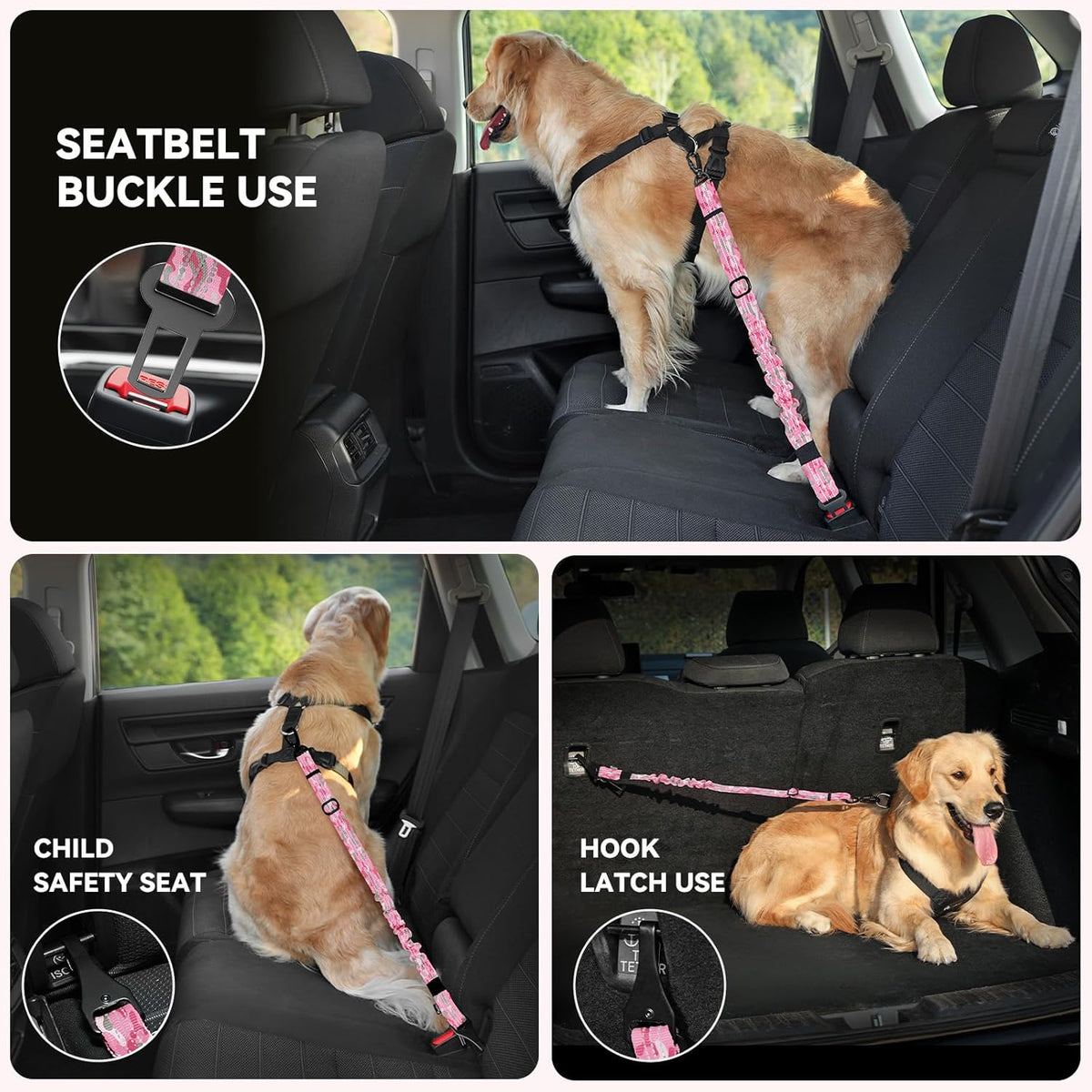 Pawaboo 2Pack Dog Seatbelt for Car, Dog Car Seat Belt Bungee, Dogs Tether for Cars with Buckle & Hook Latch, Adjustable Reflective Dogs Cars Harness Leash with 360° Lockable Buckle, Pink Camouflage