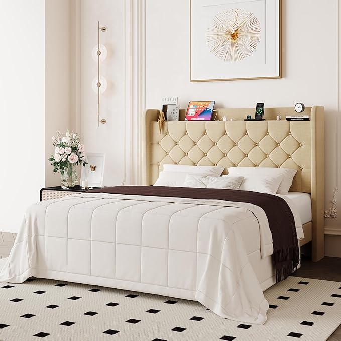 Allewie Queen Size Bed Frame, Storage Headboard with Charging Station, Wingback Linen Upholstered, Diamond Stitched Button Tufted, Sturdy Wooden Slats, No Box Spring Needed, Easy Assembly, Beige