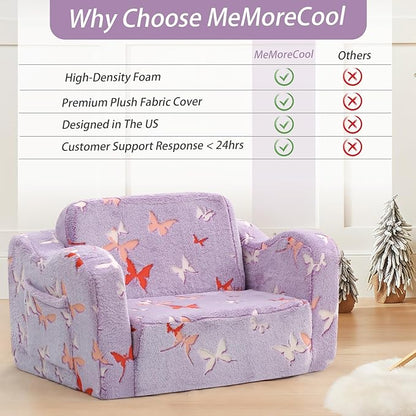 MeMoreCool Toddler Chair Comfy 1-3 Years Old, Kids Couch for Playroom, Convertible Glowing Butterfly Flip Out Sofa, Kids Furniture Floor Recliner Chair Bed