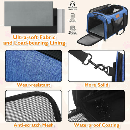 PETUX TSA Approved Pet Carrier in Cabin, 17"x11"x9.5" Soft Cat Carriers for Small Cat up to 12 lb and Puppy up to 10 lb, Top Open Portable Pet Carrier Airline Approved for Travel and Vet Visit (Blue)