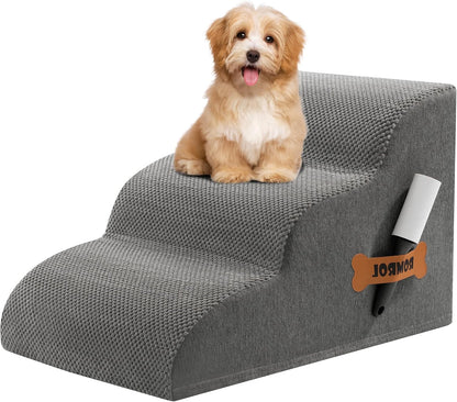 Romrol Dog Stairs Ramp for Beds Couches, Extra Wide Pet Steps with Durable Non-Slip Waterproof Fabric Cover, Dog Slope Stairs for Small Dogs and Cats or Pets Friendly, 3-Tiers, 13 Inch,Grey