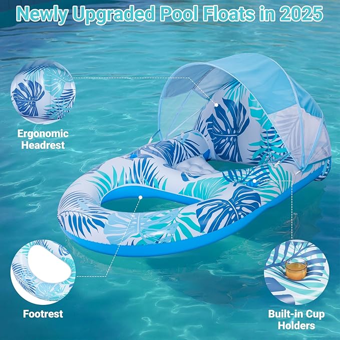 Pool Floats for Adults with Canopy,Grand Extra Large Inflatable Chair Lounger Floaties with Adjustable Sun Shade Cover, Drink Holder,Travel Pool Beach Lake Swim Inflatables Water Floating Rafts
