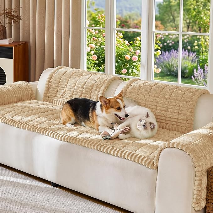 FUANGUI Waterproof Couch Cover Sofa Cover for Dogs and Pets Sofa Protector | Non-Slip Washable Fuzzy Soft Cat Bed Sofa Slipcover for 2-3 Cushion Couch Sofa Pet Friendly, Khaki, 27.6" x 94.5", 1 pcs