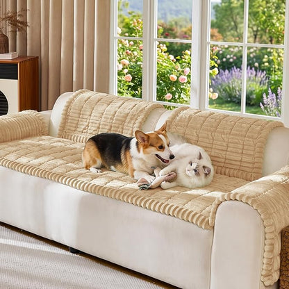 FUANGUI Waterproof Couch Cover Sofa Cover for Dogs and Pets Sofa Protector | Non-Slip Washable Fuzzy Soft Cat Bed Sofa Slipcover for 2-3 Cushion Couch Sofa Pet Friendly, Khaki, 27.6" x 94.5", 1 pcs
