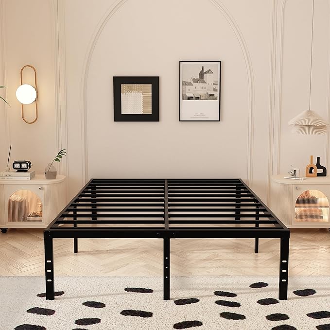 California King Bed Frames with Fabric Cover, 18 Inch Heavy Duty Metal Platform Support Up to 3000 lbs with Steel Slat, No Box Spring Needed, Easy Assembly, Noise Free, Black