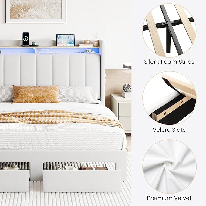 SHA CERLIN Velvet Full Size Bed Frame with Vertical Channel Tufted Wingback Headboard & 2 Storage Drawers/2-Tier Shelves with LED Lights & Charging Station/Noise-Free/No Box Spring Needed/White