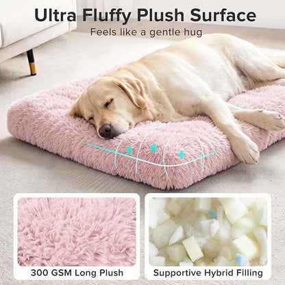 JOEJOY Dog Bed Crate Pad, Deluxe Plush Washable Dog Beds Fulffy Soft Kennel Pad Anti-Slip Pet Sleeping Mat for Medium Small Dogs, 29" x 21", Pink