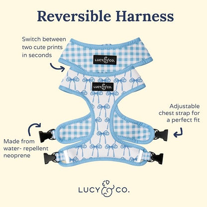 Lucy & Co. Cute Reversible Dog Harness Walking Halter - Best Designer Pet Harnesses for XS - XL Dogs - Padded Adjustable Vest for Easy Walking - X Large - White with Blue Bows