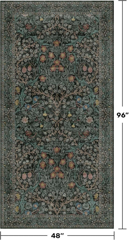 Washable 4x8 Wide Hallway Runner Rug, Vintage 8ft Soft Runners for Entry Kitchen, Non Slip Low Pile Thin Carpet for Living Room Bedroom Dining Room Foyer - Dark Green Floral Forest Décor