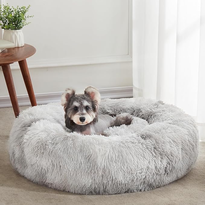 Western Home Calming Donut Medium Dog Bed Washable Pet Bed,30" White Grey | Fluffy Faux Fur Round Cuddler,Anti-Anxiety,Anti-Slip Bottom,Plush Pet Dog Beds for Medium Sized Dogs,Up to 45 LBS